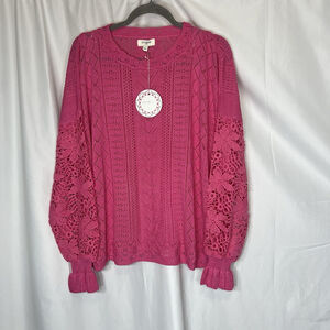Umgee Women’s Crochet Sweater Pink Floral Festive Boho Minimalist Casual Large